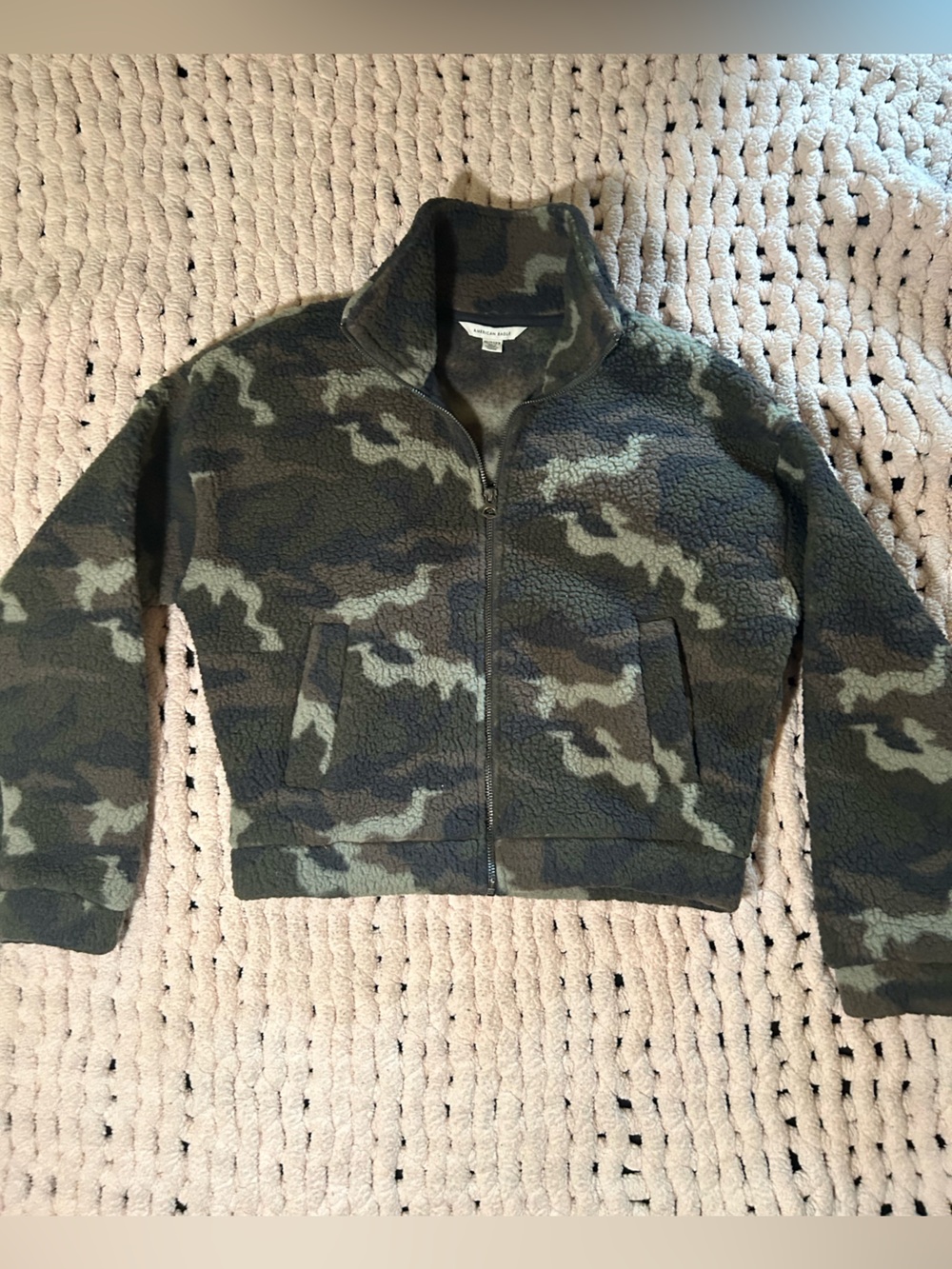 American Eagle Women's XS Camo Sherpa Fleece Jacket Full Zip Green Brown